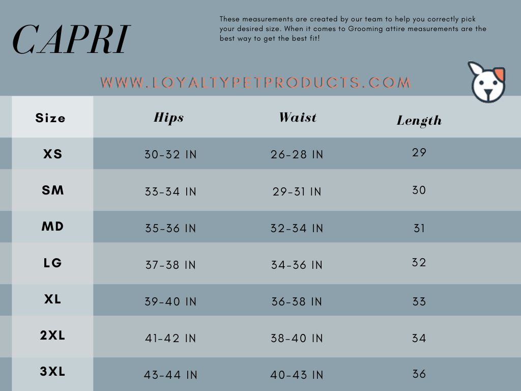Capri leggings size chart